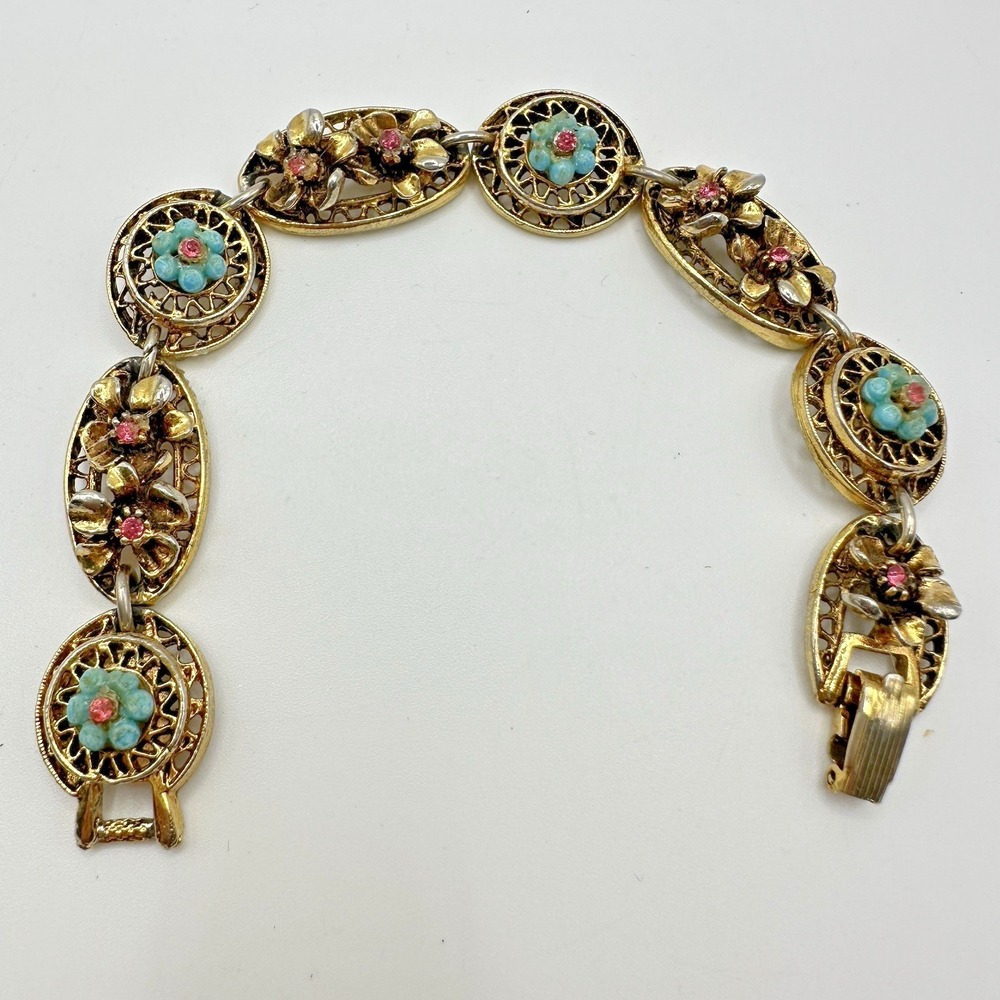 Vintage ART Arthur Pepper Gold Tone Bracelet Filigree Rhinestones Flowers Signed